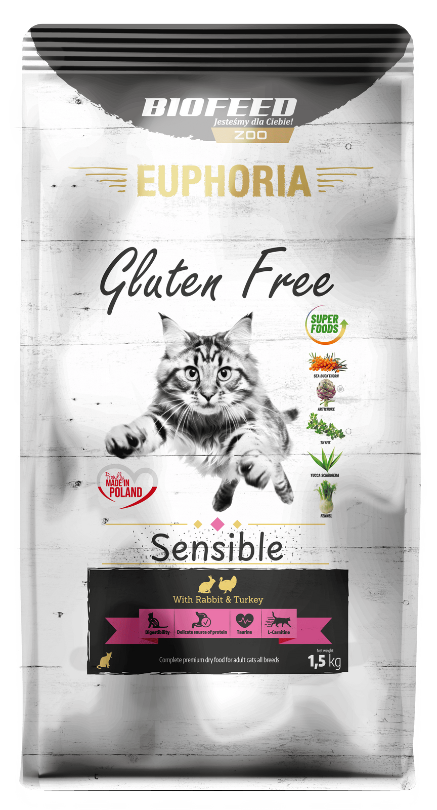 BIOFEED EUPHORIA SENSIBLE karma dla kota bez glutenu Indyk&Królik 1,5kg