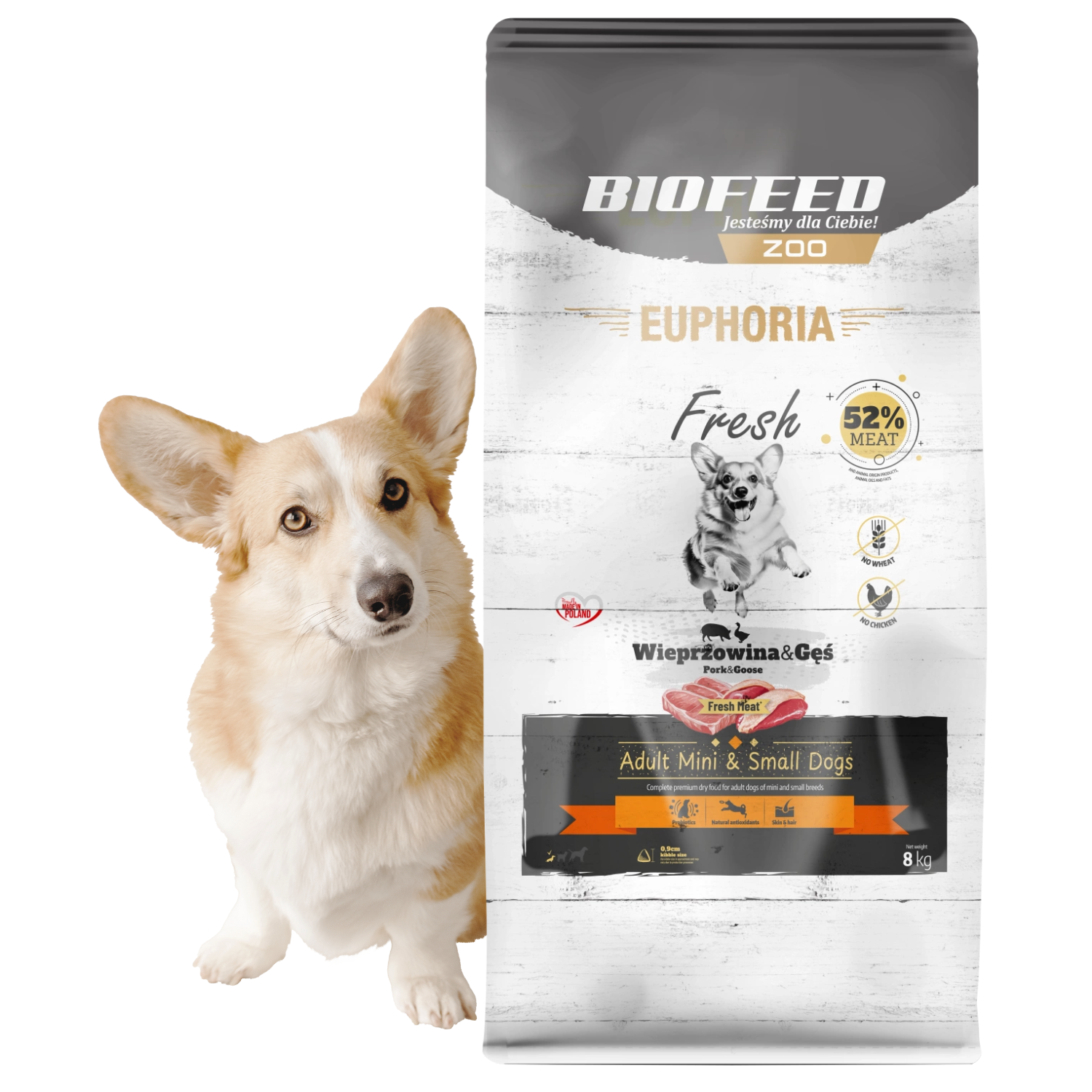EUPHORIA FRESH MEAT Karma dla psa mini bezzbożowa Wieprzowina Gęś XS/S 8kg