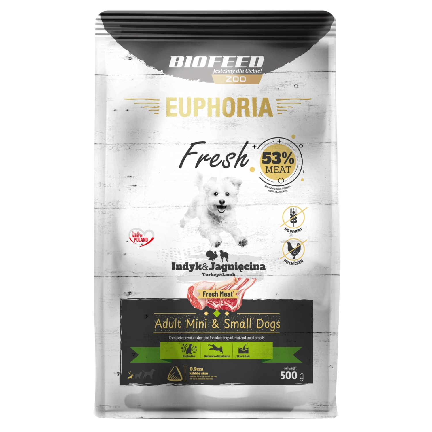 EUPHORIA FRESH MEAT Karma dla psa bezzbożowa Indyk i Jagnięcina XS/S 0,5kg