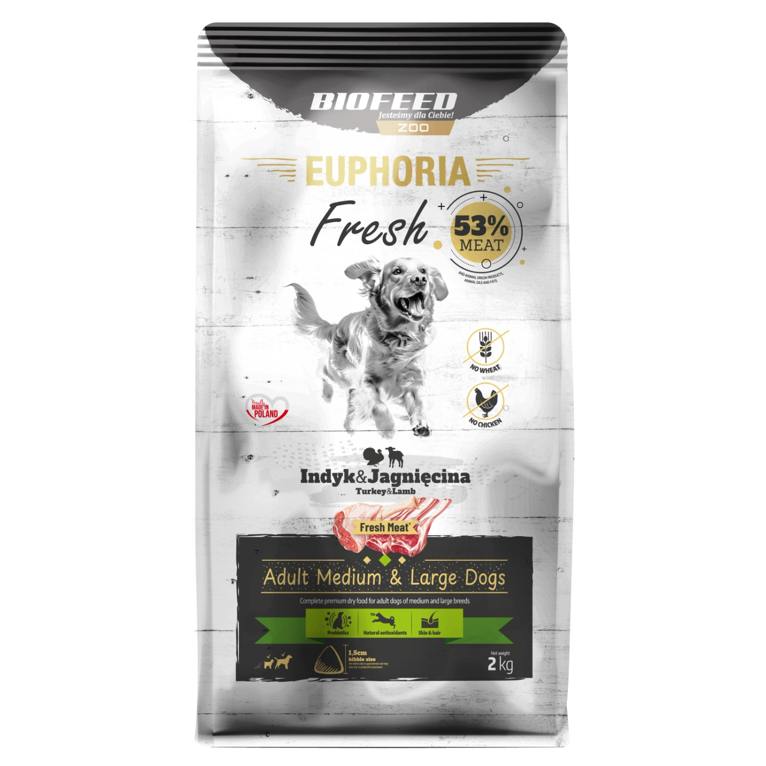 EUPHORIA FRESH MEAT Karma dla psa bezzbożowa Indyk i Jagnięcina M/L 2kg