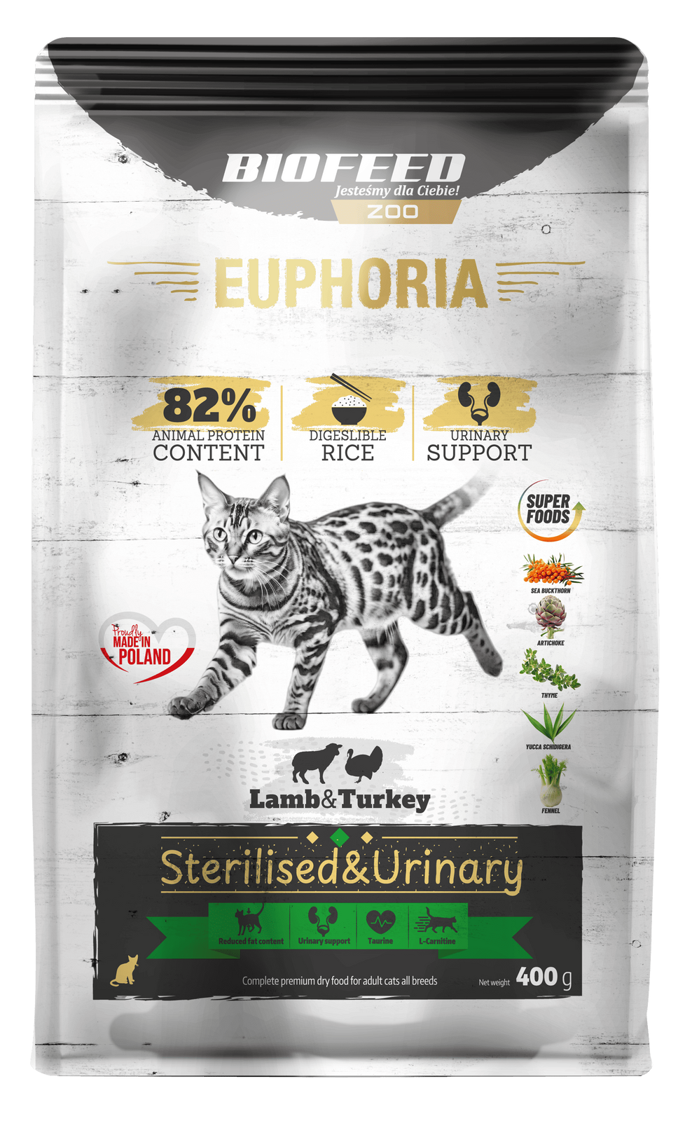 BIOFEED EUPHORIA SENSIBLE karma dla kota bez glutenu Indyk&Jagnięcina 400 g