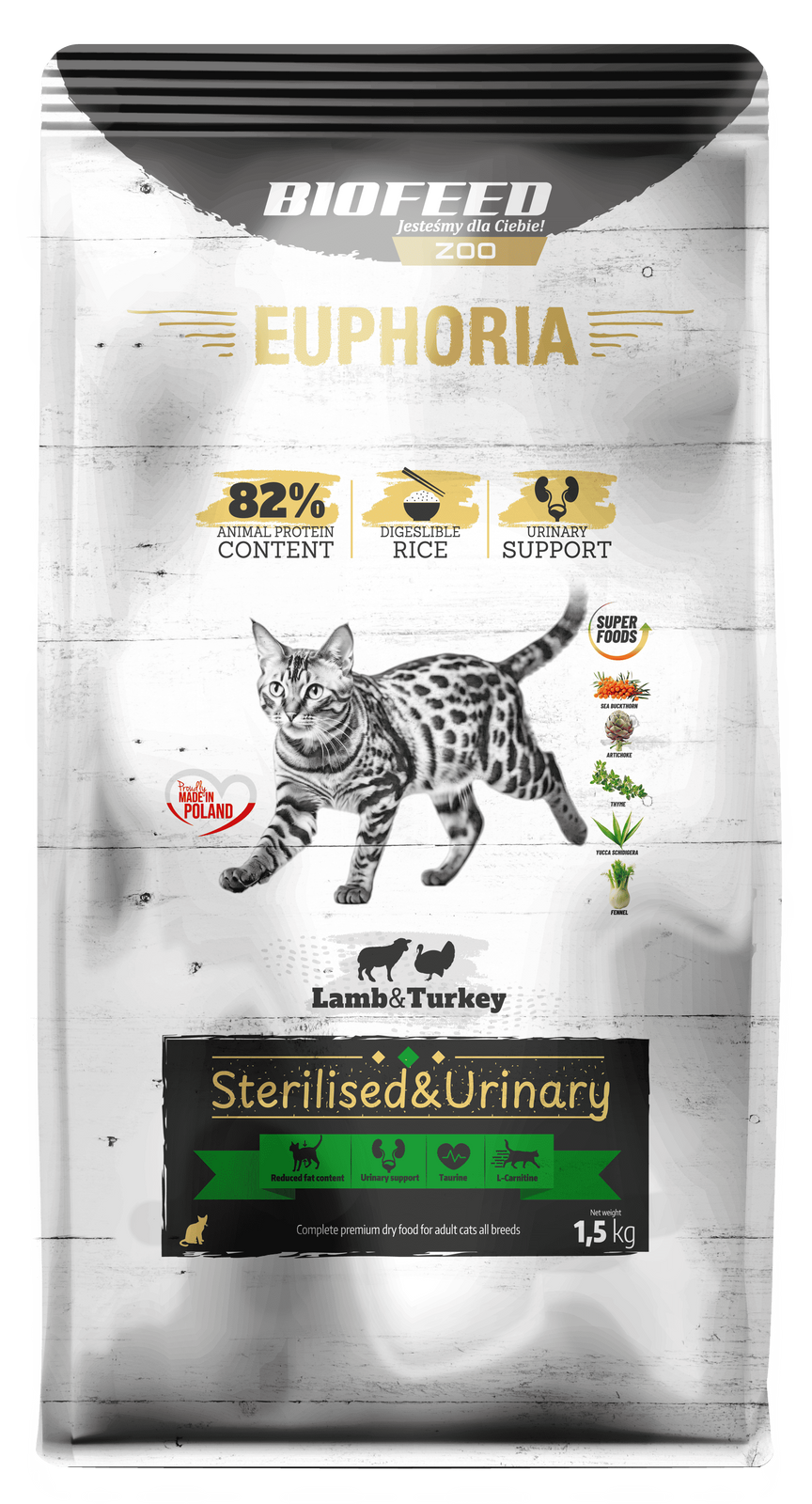 BIOFEED EUPHORIA SENSIBLE karma dla kota bez glutenu Indyk&Jagnięcina 1,5kg