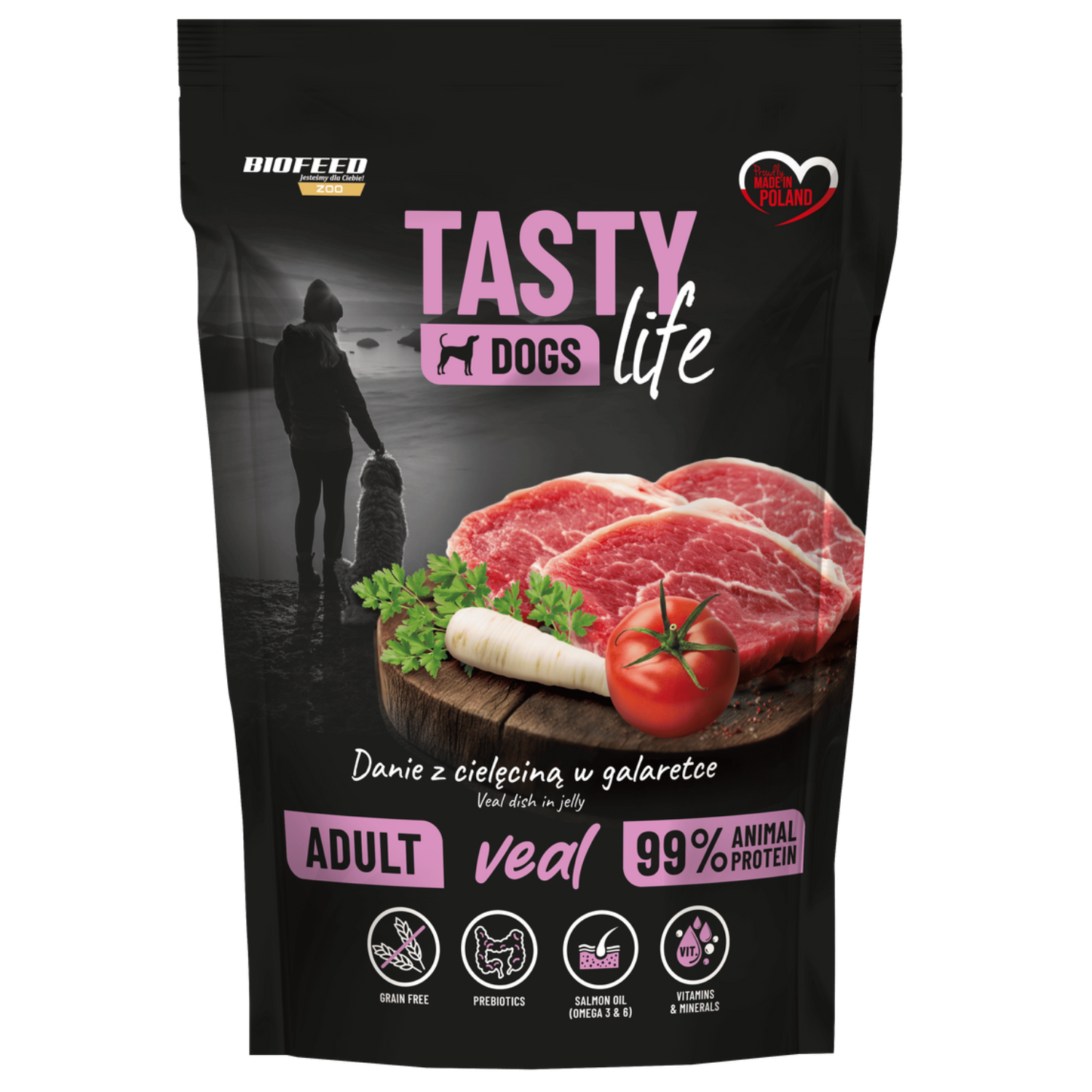 TASTY DOGS LIFE mokra karma dla psa z cielęciną w galaretce saszetka 150g