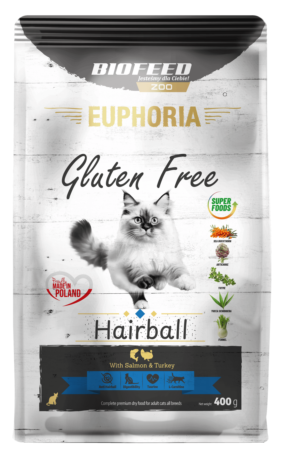 BIOFEED EUPHORIA HAIRBALL karma dla kota bez glutenu Indyk&Łosoś 400g