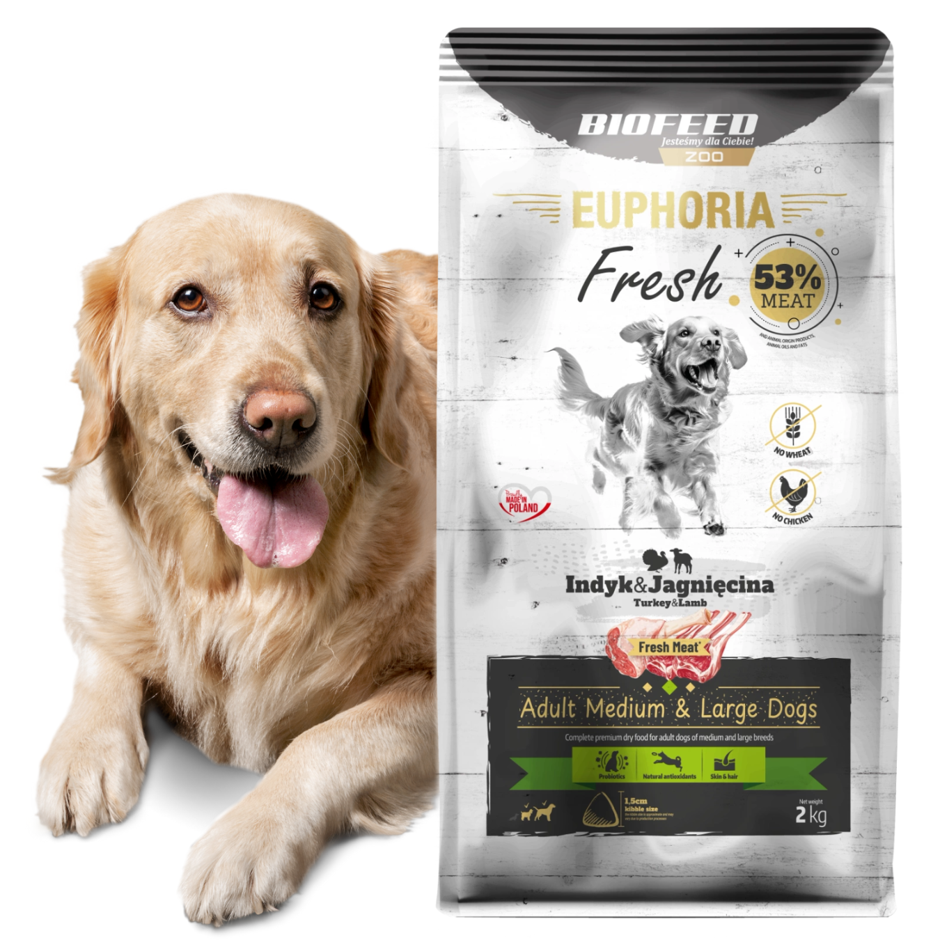 EUPHORIA FRESH MEAT Karma dla psa bezzbożowa Indyk i Jagnięcina M/L 2kg