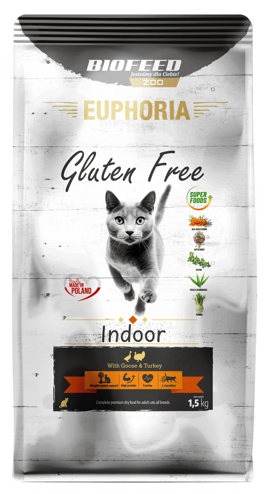 BIOFEED EUPHORIA INDOOR karma dla kota bez glutenu Indyk&Gęś 1,5 kg