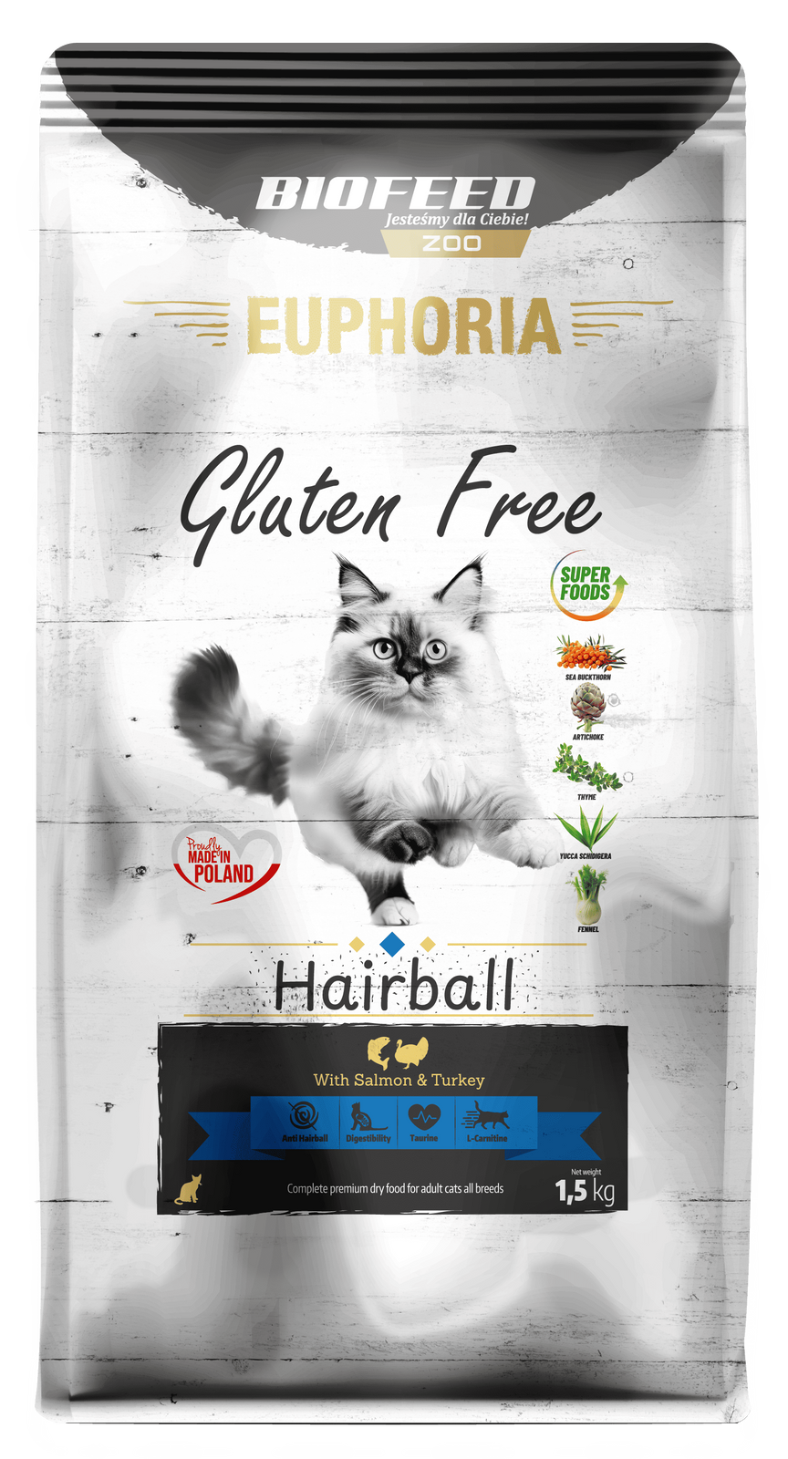 BIOFEED EUPHORIA HAIRBALL karma dla kota bez glutenu Indyk&Łosoś 1,5kg