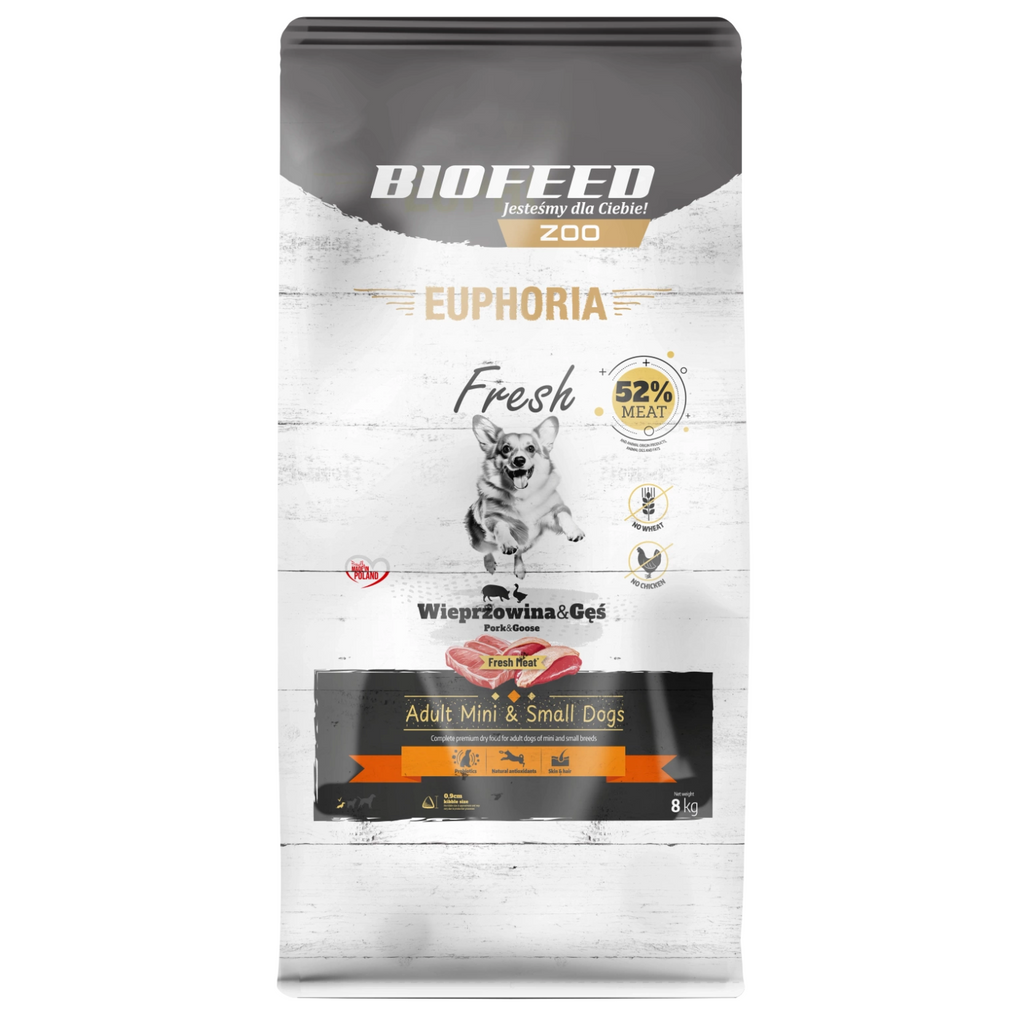 EUPHORIA FRESH MEAT Karma dla psa mini bezzbożowa Wieprzowina Gęś XS/S 8kg