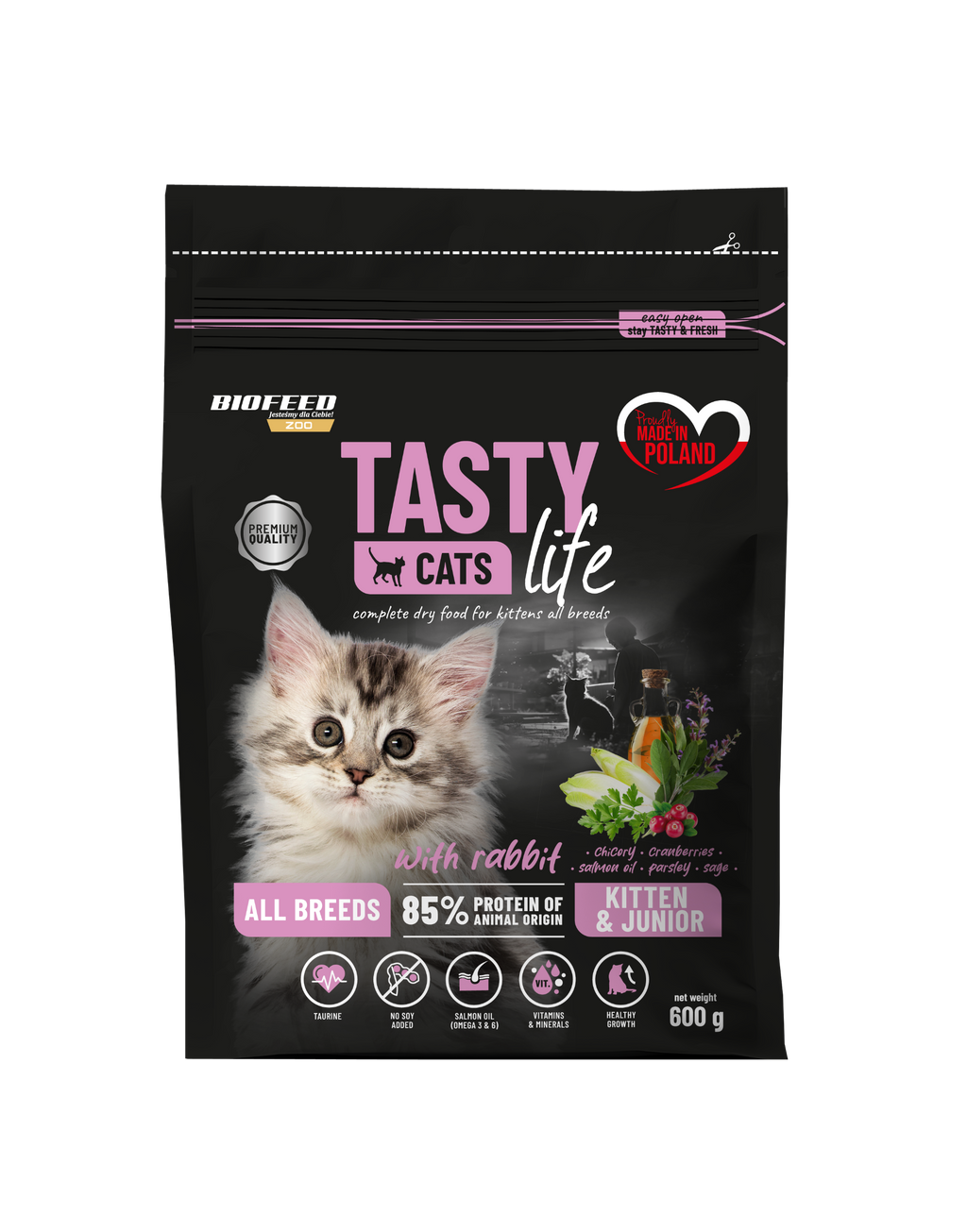 TASTY CATS LIFE JUNIOR Sucha karma dla kociąt małego kota z królikiem 0,6kg