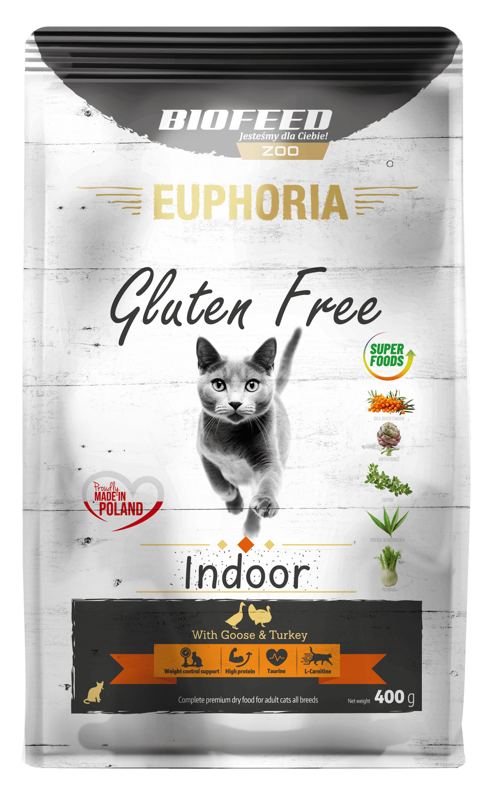 BIOFEED EUPHORIA INDOOR karma dla kota bez glutenu Indyk&Gęś 400 g